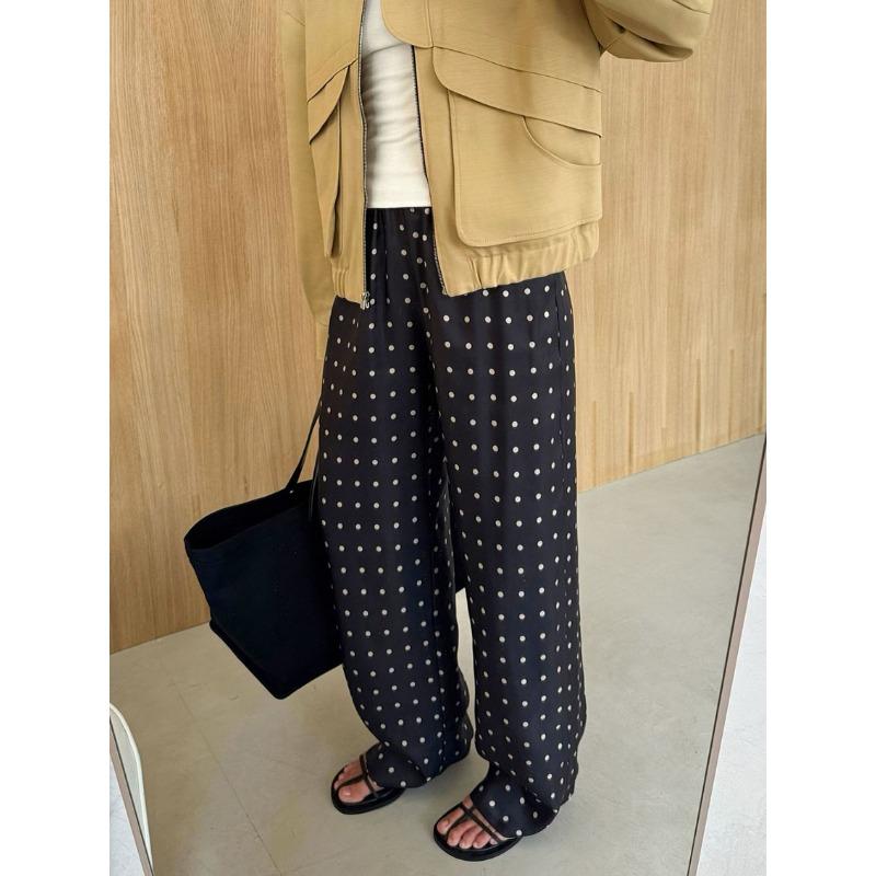 Women Elastic Waist Polka Dot Wide Leg Pants Casual Satin Trousers