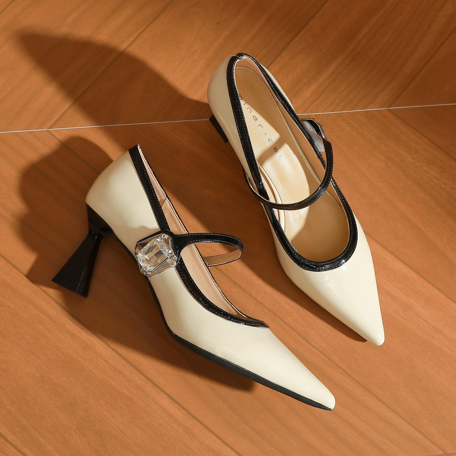 

75336 [sheepskin] high heels women s thin heels 2025 new pointed rhinestones with Mary Jane single shoes 39