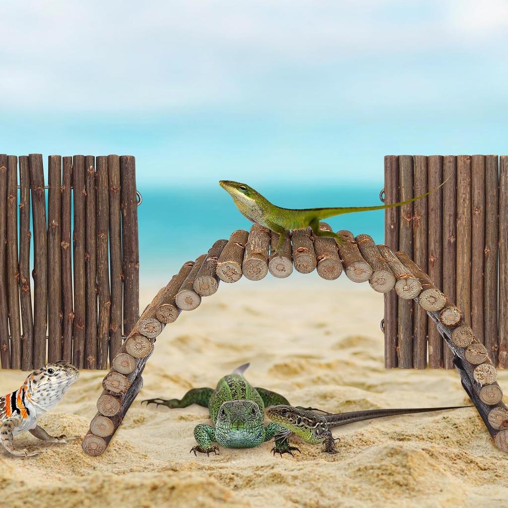 2PCS Reptile Hideout Hermit Crab Bendable Bridge, Wooden Hermit Crab Hideout Climbing Toys, Reptile Tank Habitat Decor Hiding Hut for Lizards, Mice,