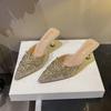 Women Slippers Summer New Rhinestone Half Slippers Toe Sandals High Heel Slippers for Women Outside Thin Heels and Pointed Toes