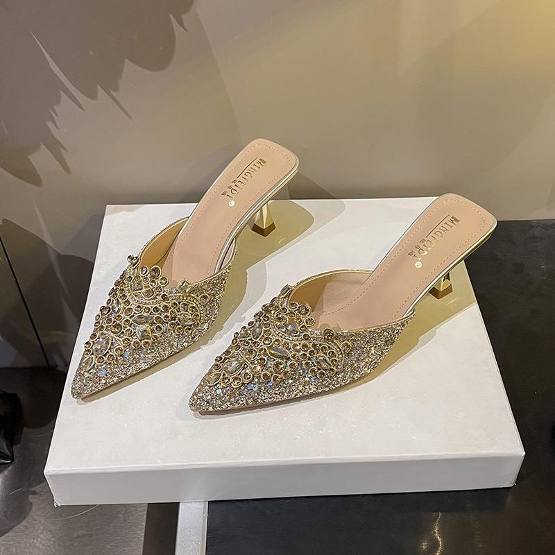 Women Slippers Summer New Rhinestone Half Slippers Toe Sandals High Heel Slippers for Women Outside Thin Heels and Pointed Toes