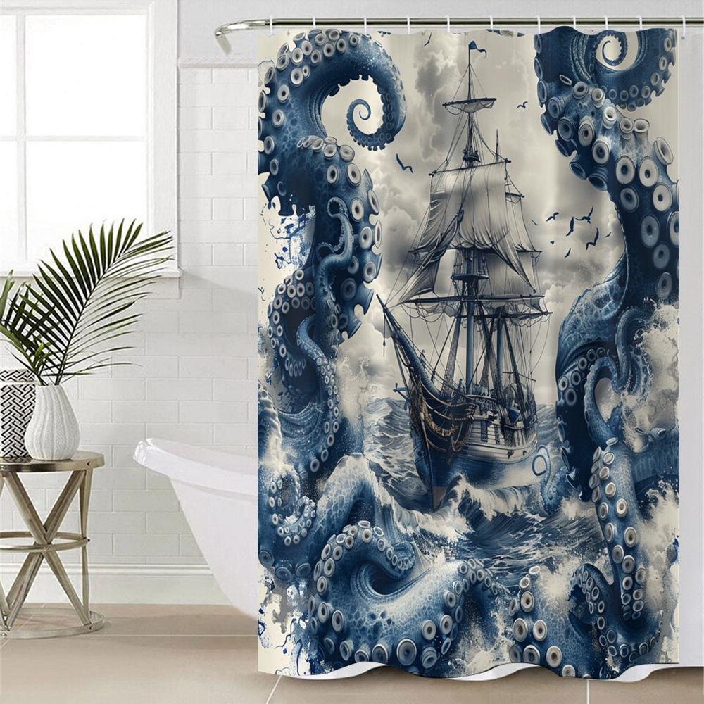 1 Stück Polyester-Duschvorhang mit Digitaldruck eines Segel-Oktopus-Tentakels, Keine Bohrer für die Montage erforderlich.