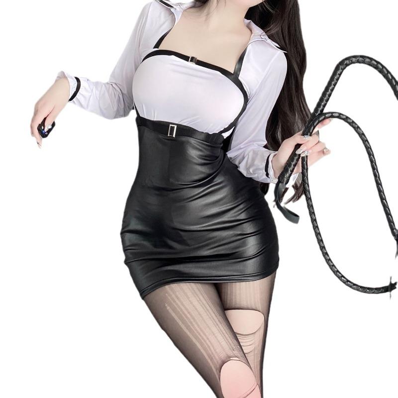 Sex Underwear Sexy Pure Desire Uniform Hip Wrap Skirt Patent Leather Secretary Uniform Tight Seduction Teacher Shirt Suit