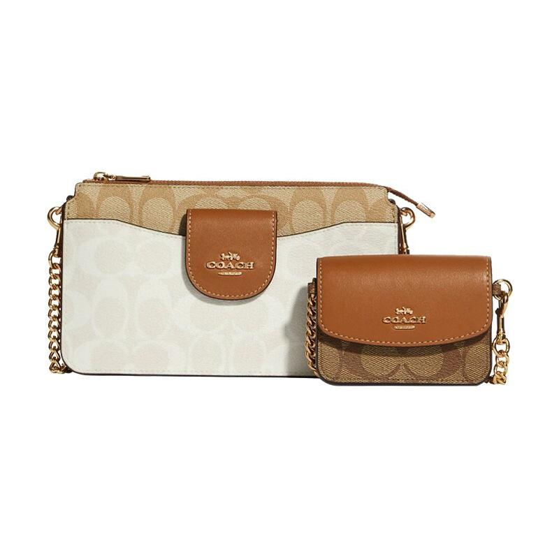 

COACH crossbody bag 21 Classic presbyopic chain, canvas and smooth leather, mother-in-law bag, small card holder, two-in-one bag, small size, women s коричневий