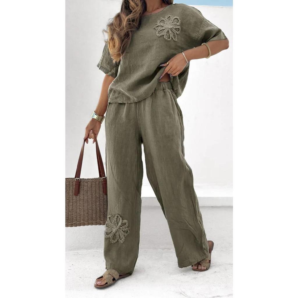 Set da donna in cotone e canapa - Set da donna in cotone e canapa 2 pezzi ricamato casual elegante pantaloni larghi a vita alta
