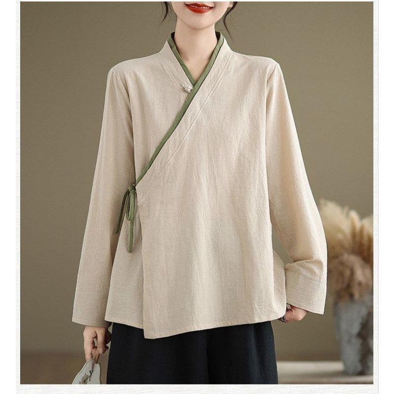Damen Beige Wickelbluse Lässig V-Ausschnitt Leinenmischung Chinesischer Stil Krawatte Vorne Oberteil