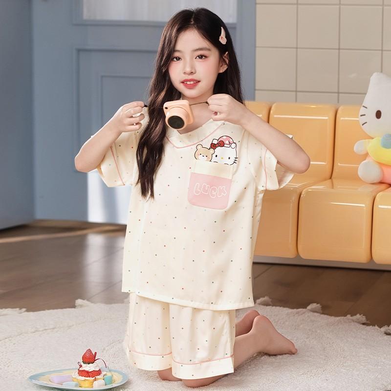 Girls Pajama Set Ice Silk Short Sleeve Shorts Sleepwear Cartoon Print Lightweight Home Outfit Ages 8