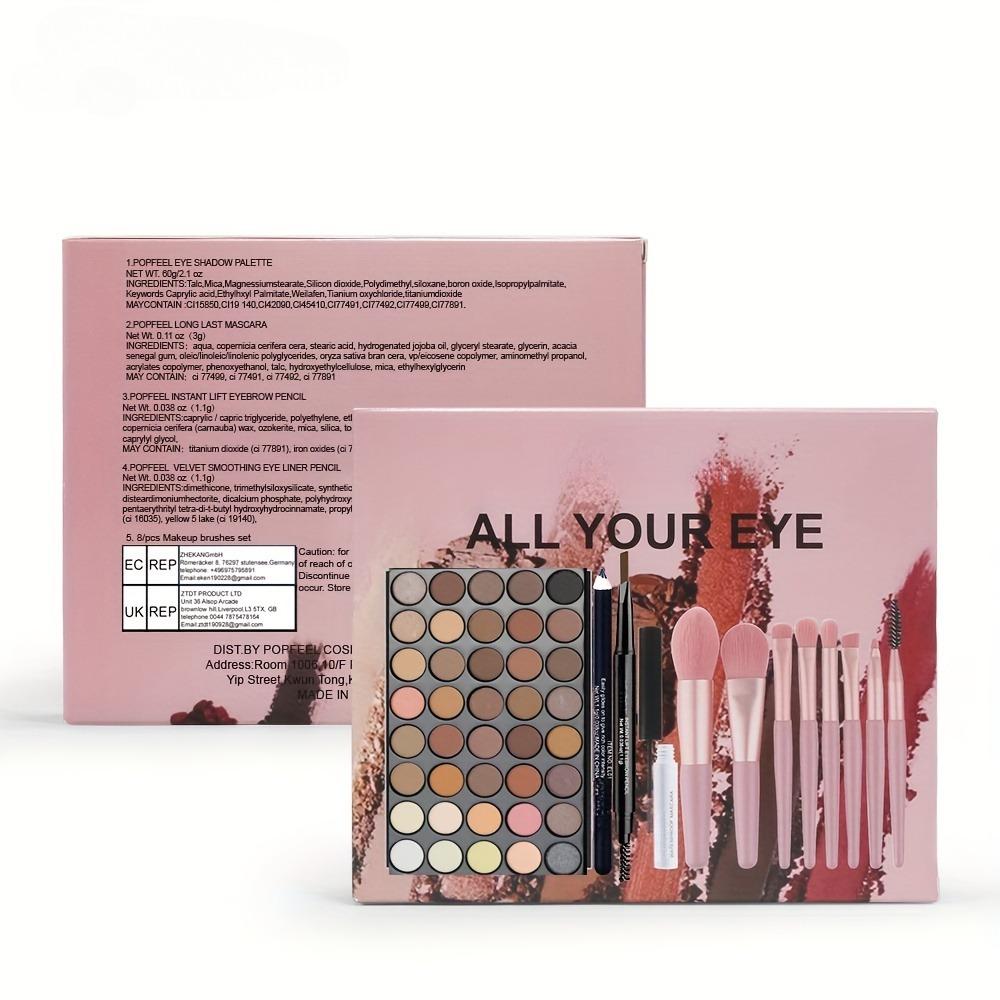 Lidschattenpalette mit 40 Farben, mit Mascara, Lidschattenpinsel, Eyeliner und Augenbrauenstift-Set für Damen
