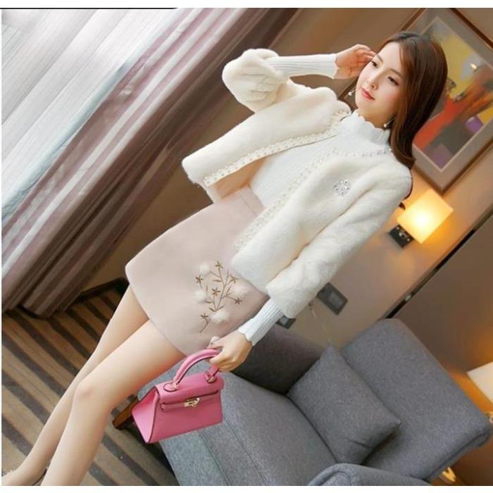 Winter Autumn Faux Fur Coat with Beaded Embroidery Slim Fit O- Neck Korean Style Fashion
