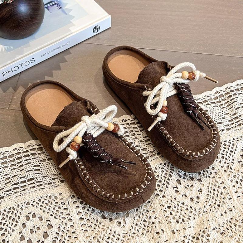 Fashion Women's Flat Shoes Cover Toe Slingback Lace-up String Bead One Kick Increased Internal Slippers All-match RetroSuede Women Shoes