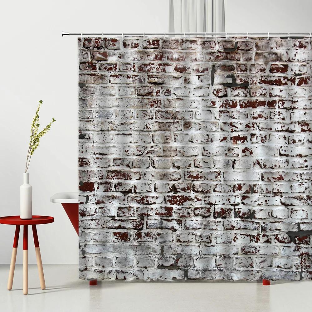 3D Printing Brick Pattern Shower Curtains Set Vintage Stone Brick Wall Polyester Fabric Hanging Curtain Bathroom Curtain Hooks