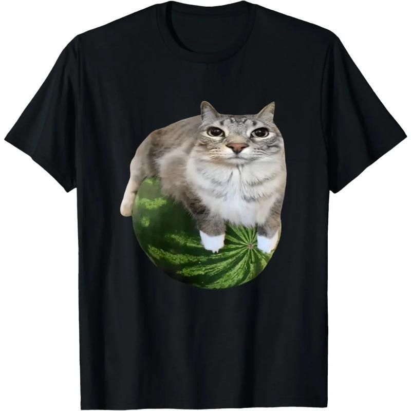 Watermelon Cat Stupid Cute Cat Emoji Funny Watermelon Cotton Printed Summer Unisexs and Womens New Fashion Short Sleeves