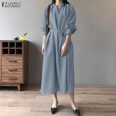 Women Casual V-Neck Solid Color Long Sleeve Loose Dress