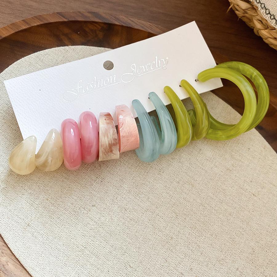 6Pcs/Set Trendy Fashion Pink Green Acrylic Resin C-shaped Hoop Earring Sets Female Elegant Daily Party Jewelry Accessory Gifts