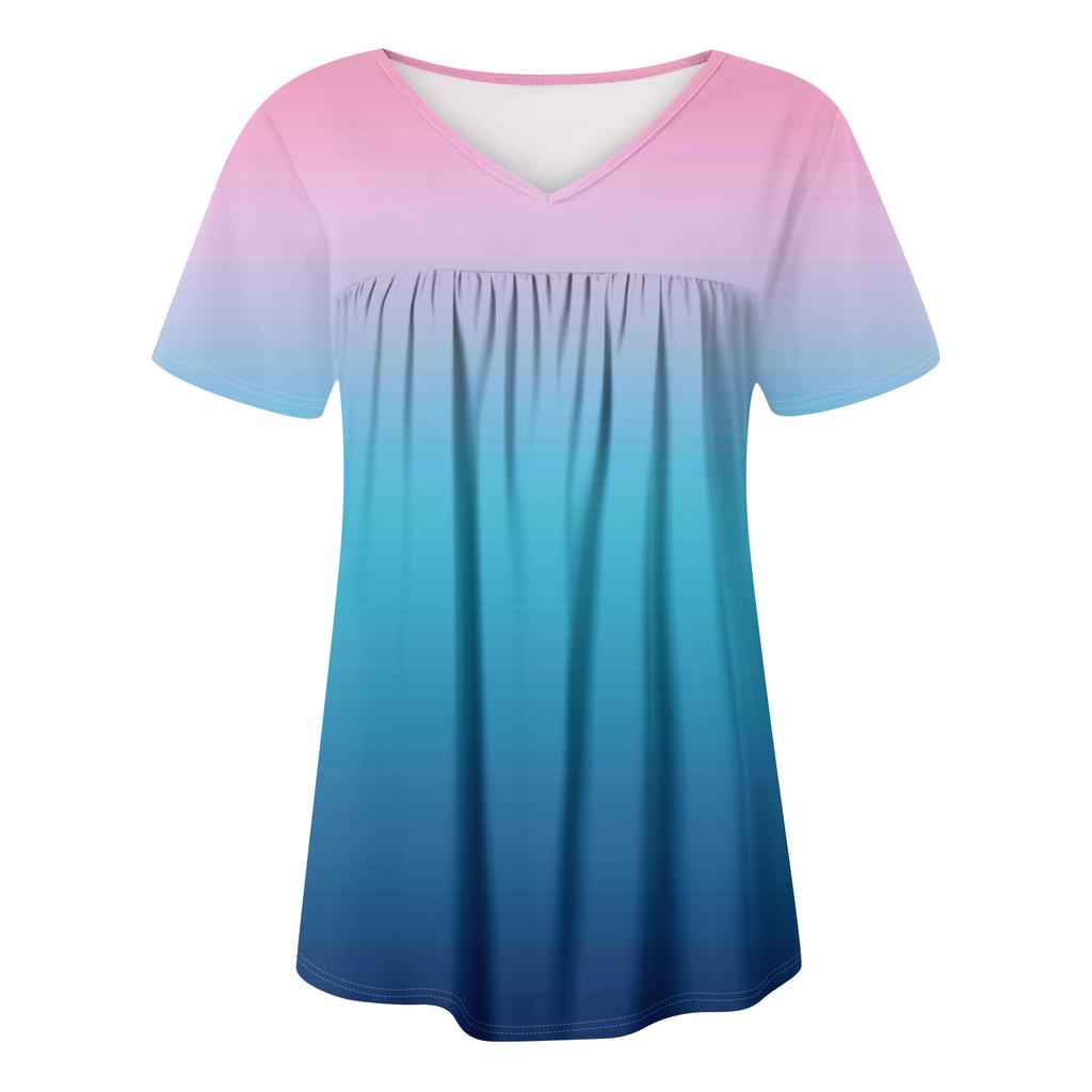 Women's Casual V-Neck Short Sleeve Chest Ruffle Printed Top