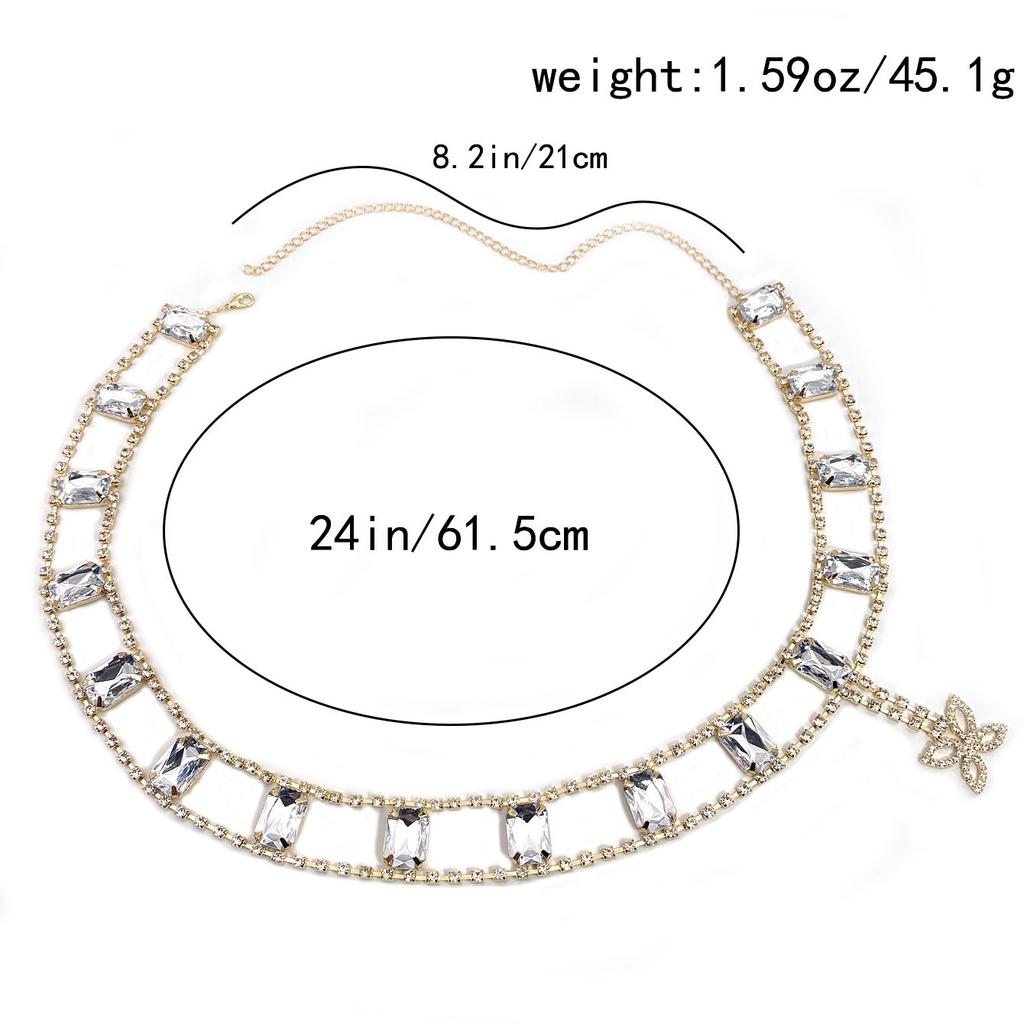 New Butterfly Pendant Waist Chain for Women, Exaggerated and Sexy Square Rhinestones, Body Chain, Versatile Belt Accessories