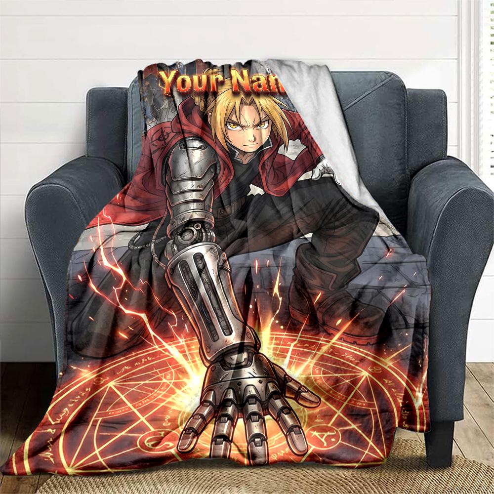 1pc Fullmetal Alchemist Blanket with Custom Name, Gift, for Men and Women, Soft Blanket, Good for Sofa Bed Couch Travel, Lightweight Flannel Blanket