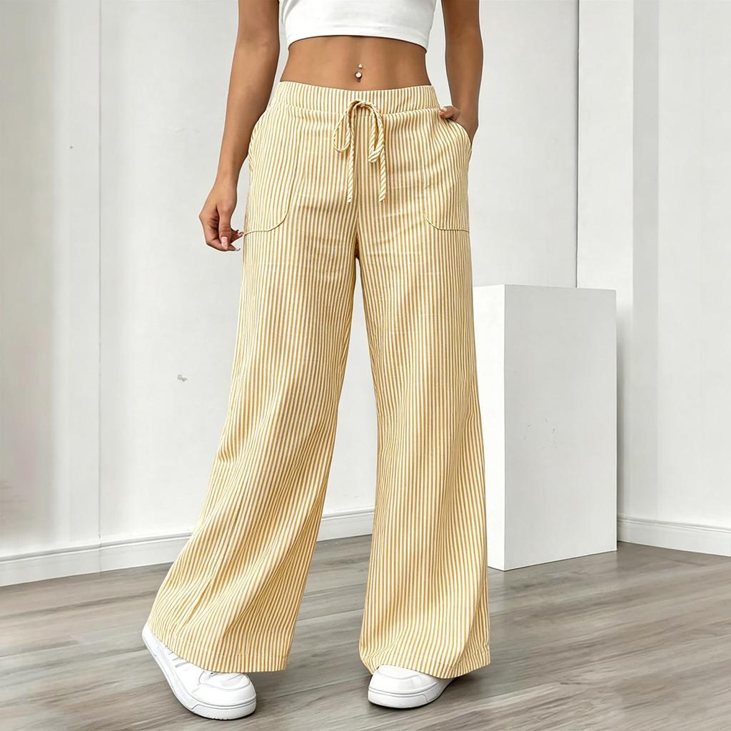 Pantaloni Larghi a Righe in Lino da Donna, Vita Alta con Coulisse, Pantaloni Palazzo Casual con Tasche, Pantaloni Estivi a Vestibilità Larga