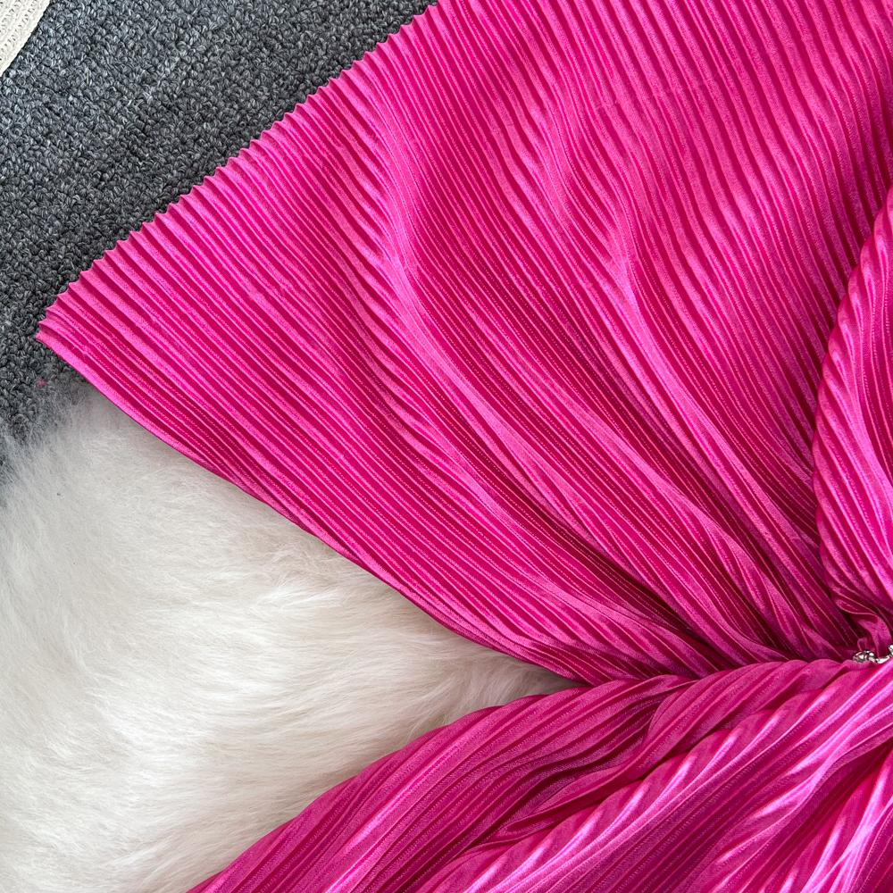 High-end Sexy Temperament Lose Design V-ausschnitt Open-back Taille Fledermaus-ärmel Plissee Kleid Sommer