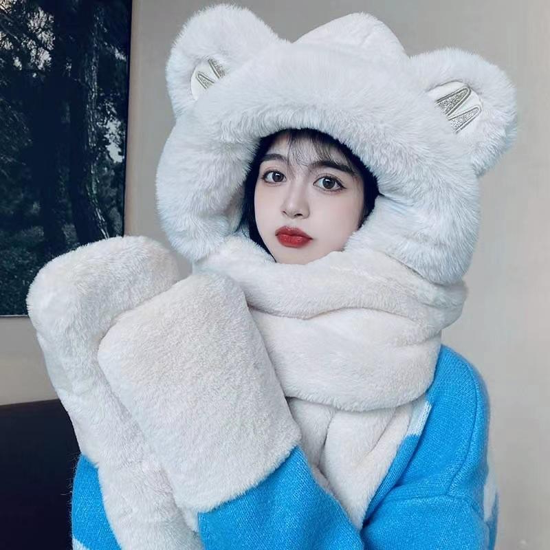 Bear hat, scarf, and gloves, fleece-lined and thickened, three-piece set, women's plush hat, women's winter warm plush hat