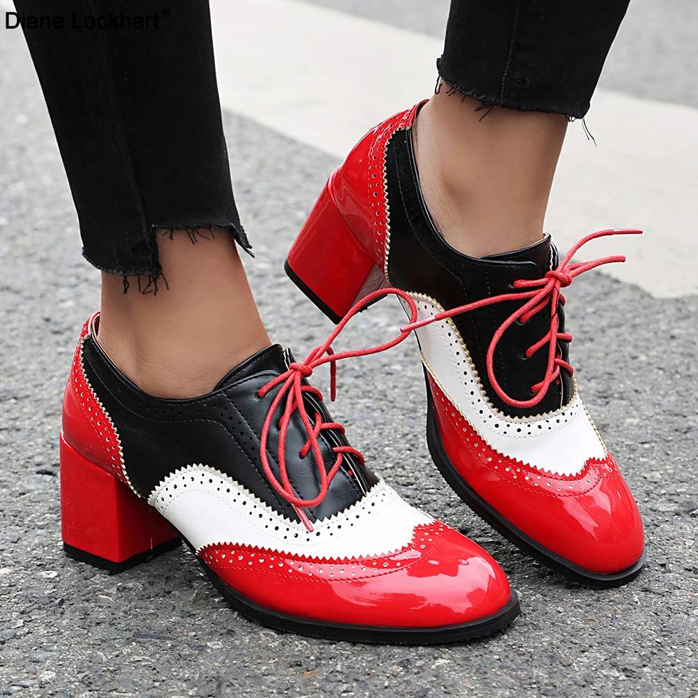 Vintage Casual Lace-up Shoes For Women Pumps Fashion Mixed Colors Women Lady PU Leather High Heels Single Shoe Big Size 34-46