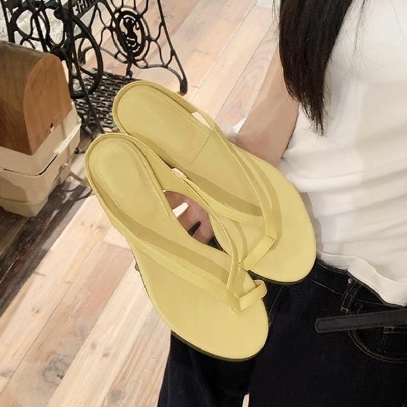 

Grape home~ sheepskin version summer new minimalist thin strap pointed round head cover toe thick heel versatile wear cool slippers women 40 жовтий