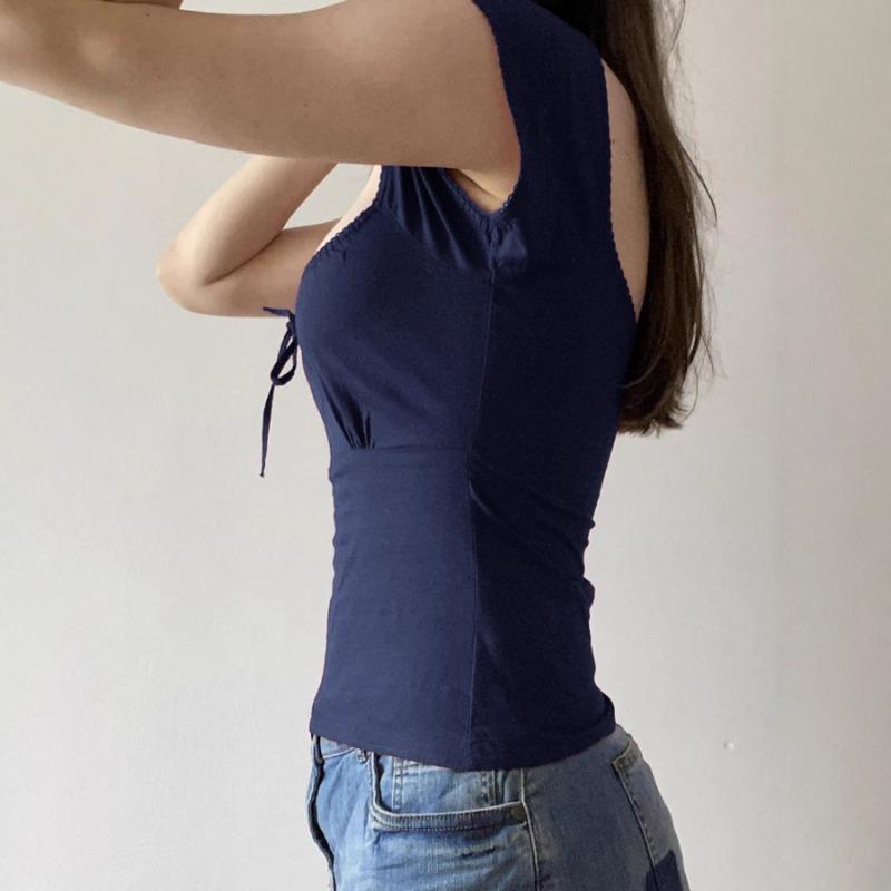 Women Red Square Neck Lace Trim Bow Detail Short Sleeve Slim Fit Casual Blouse