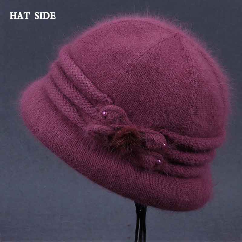 Hat Female Winter Elderly Rabbit Fur Knitted Warm Woolen Bowl Hat Thick Cotton Top Hat