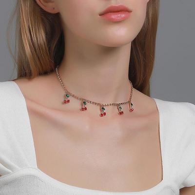 European and American Rhinestone Cherry Necklace Hip-hop Tennis Chain Cherry Pendant Collar Small and Fresh Single Row Micro Inlaid Diamond Necklace