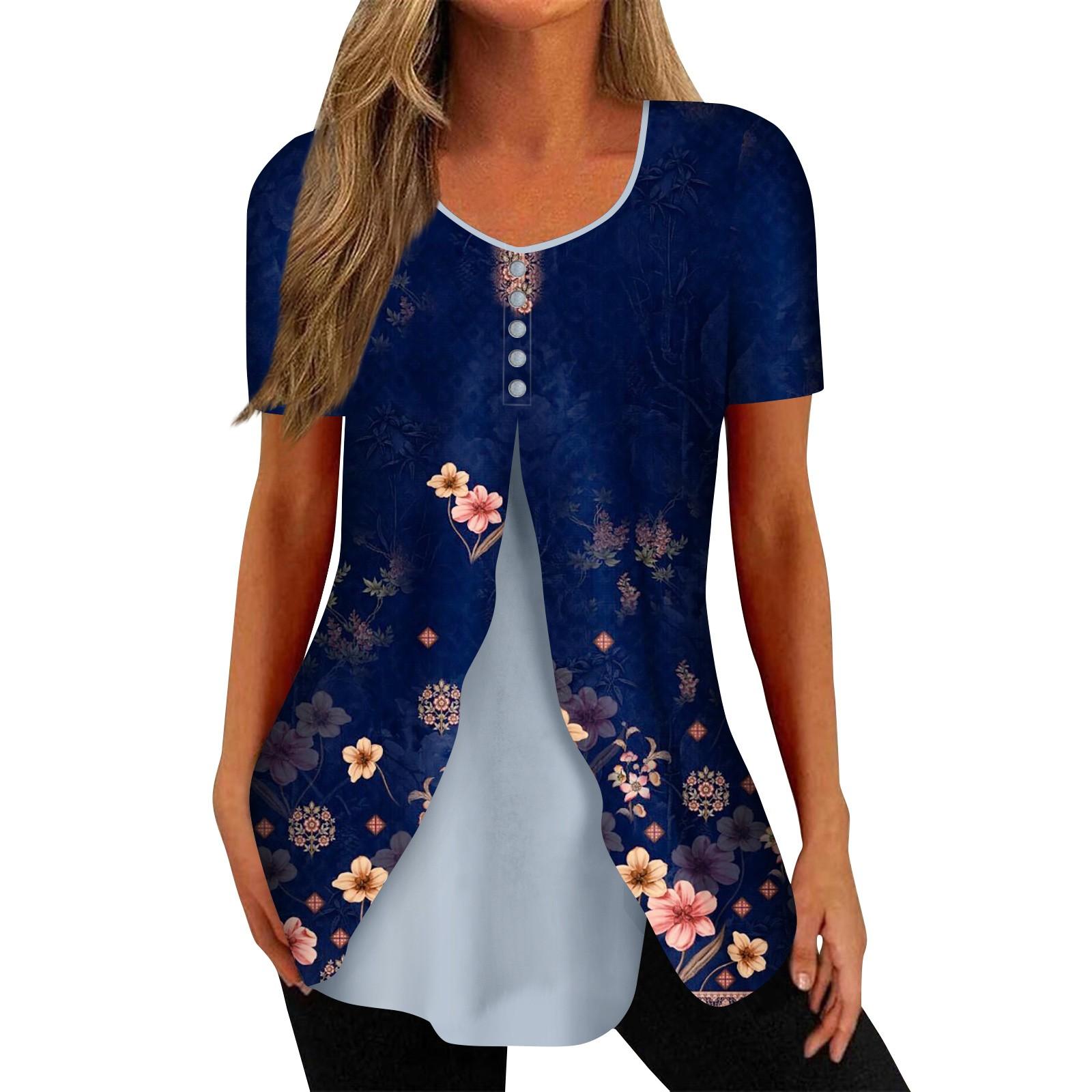 

Shirts For Women Short Sleeve Tops Dressy Summer Casual Printed V-neck Irregular Hem Blouses Tees XXXL тёмно-синий