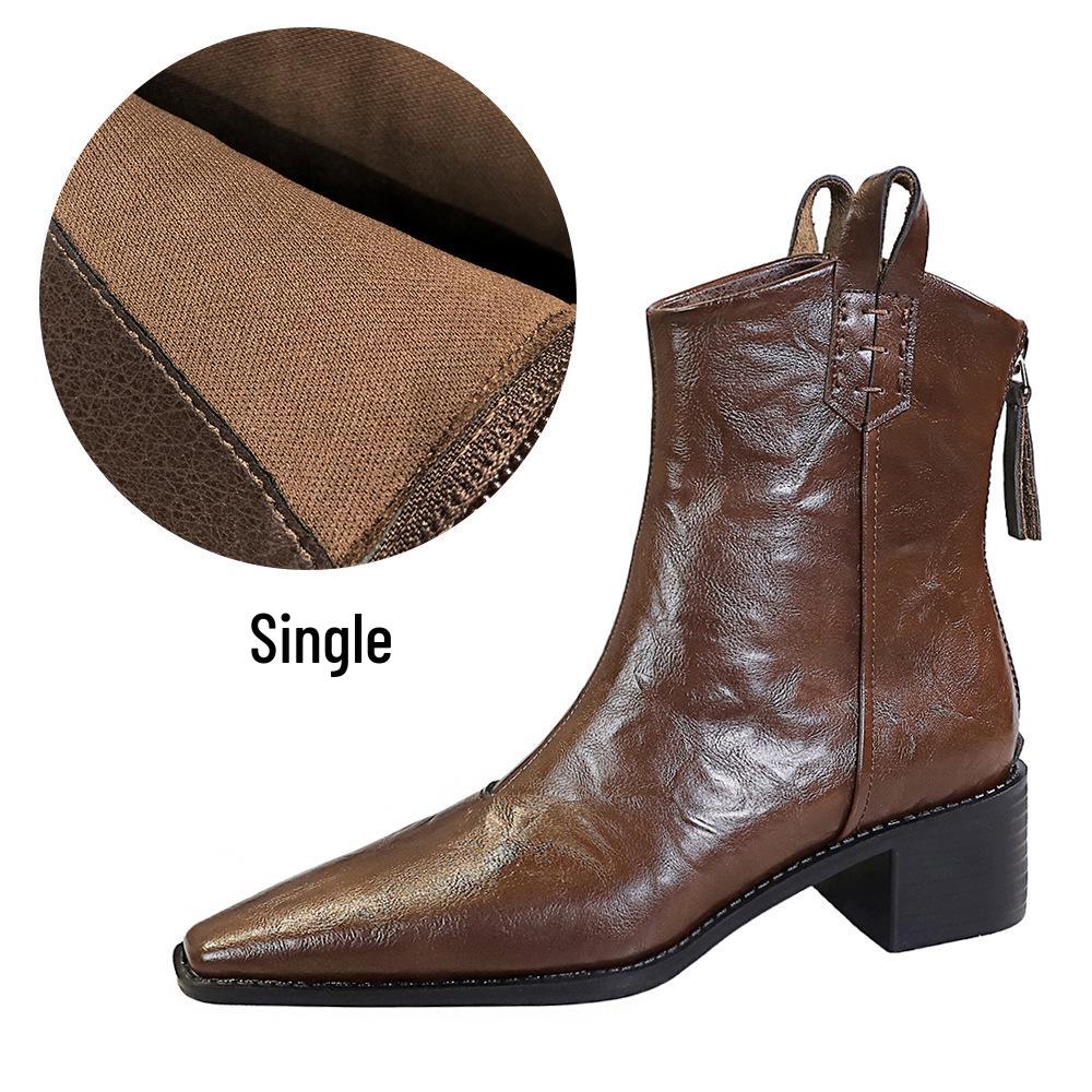 578-10 Retro Hand-Scratched Women's Ankle Boots, European & American Style, Winter Chunky Mid-Heel, Pointed Toe Short Knight Boots