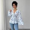 Women Black & White Floral Print V Neck Tie Front Bell Sleeve Peplum Blouse