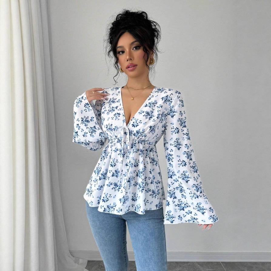 Women Black & White Floral Print V Neck Tie Front Bell Sleeve Peplum Blouse