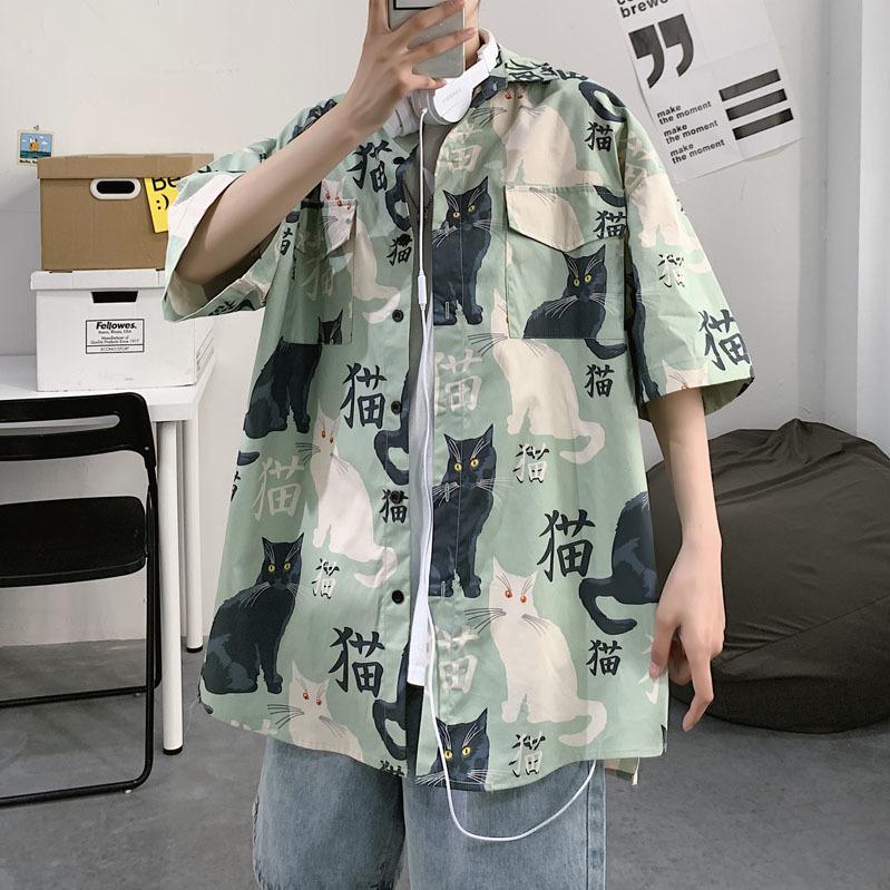 Summer Small Fresh Short Sleeved T Shirt Men and Women Couple Tide Brand Retro Cartoon Cat Printing Half Sleeve T Shirt