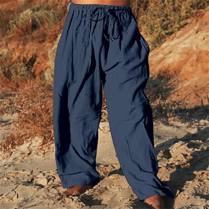 Modische Herrenhose aus Baumwollleinen, lockere, lässige, einfarbige Hose mit Kordelzug für den täglichen Gebrauch im Freien