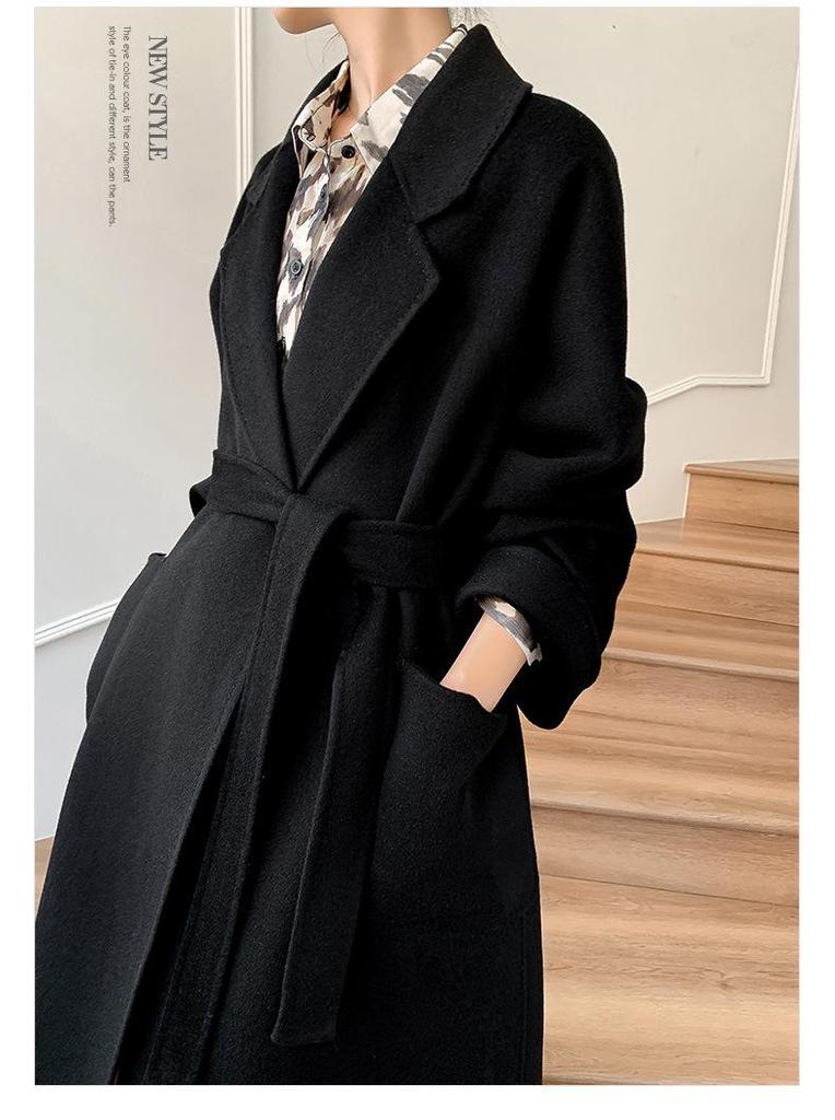 Women's Double-Sided Wool Coat: Long, Thickened, Solid Color with Belted Waist and Long Sleeves for Autumn/Winter.