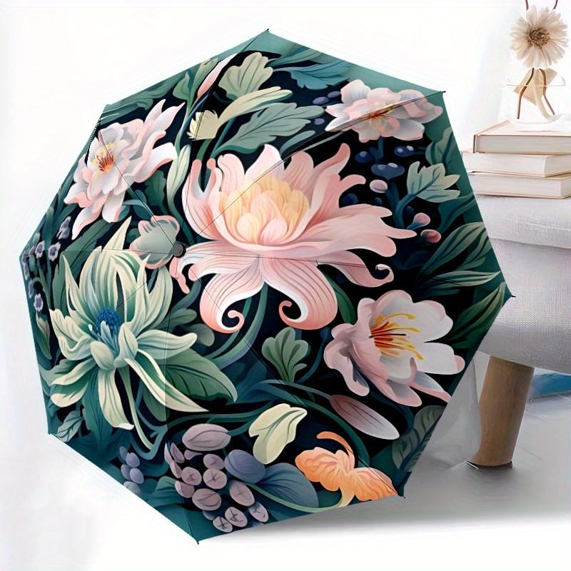 1pc Floral Garden Automatic Open/close Folding Compact Umbrella, 8-Rib Sturdy Canopy, Lightweight Portable, Everyday Use, Gift, Outdoor Umbrella, Trav