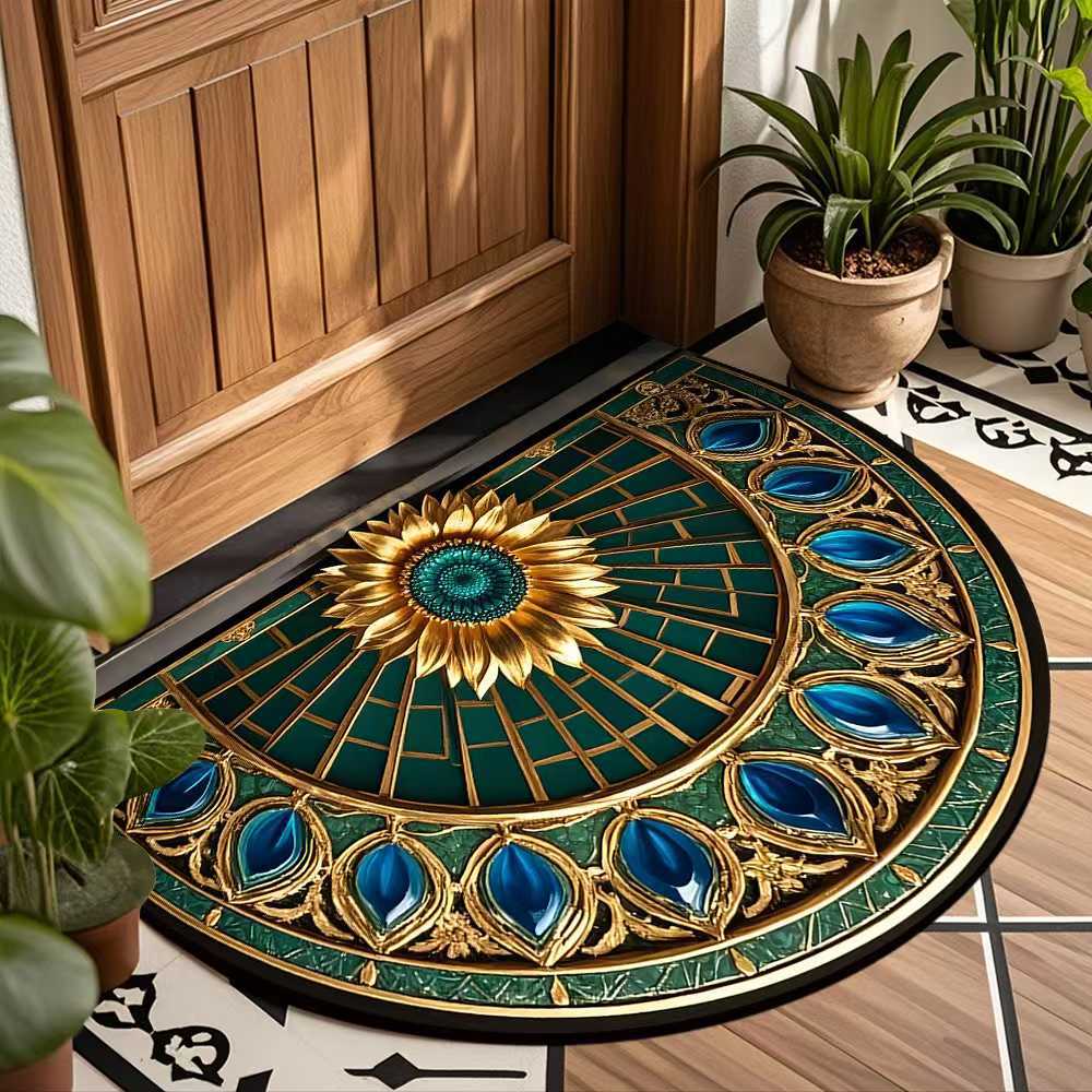 Retro Semi-circular Floor Mat, Entrance Foyer Carpet, Dirt-resistant and Easy-to-maintain Crystal Velvet Floor Mat