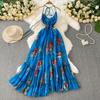 Summer Women Sexy V-neck Halter Open Back Print Long Maxi Holiday Beach Dresses