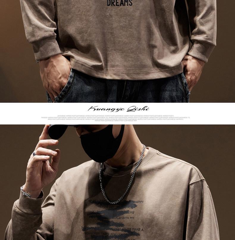 Men's Heavyweight Retro Washed Long-Sleeve T-Shirt - Autumn Edition, Loose Fit, Round Neck, Trendy American Print