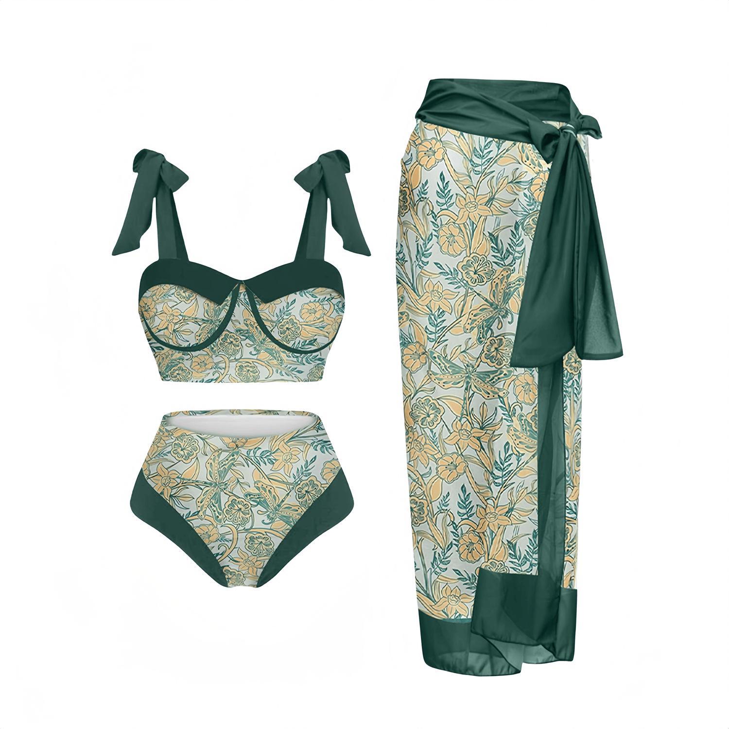 

2024 г. Цифровая печать трехсекционный сетчатый длинная юбка купальник комплект для женщин M зелёный