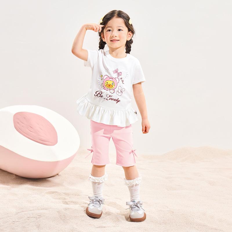 B. Duck Yellow Duck Children's Clothing 2026 New Popular Women's Treasure Lotus Leaf Skirt Printed Short sleeved Top