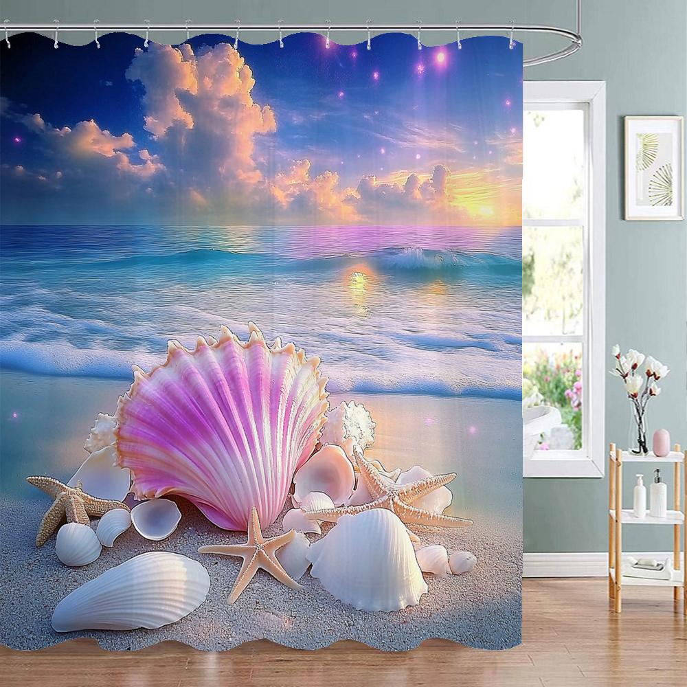 Ocean Beach Shell Starfish Printed Shower Curtain, Bathroom Decorative Shower Curtain,Waterproof Shower Curtain with Hooks