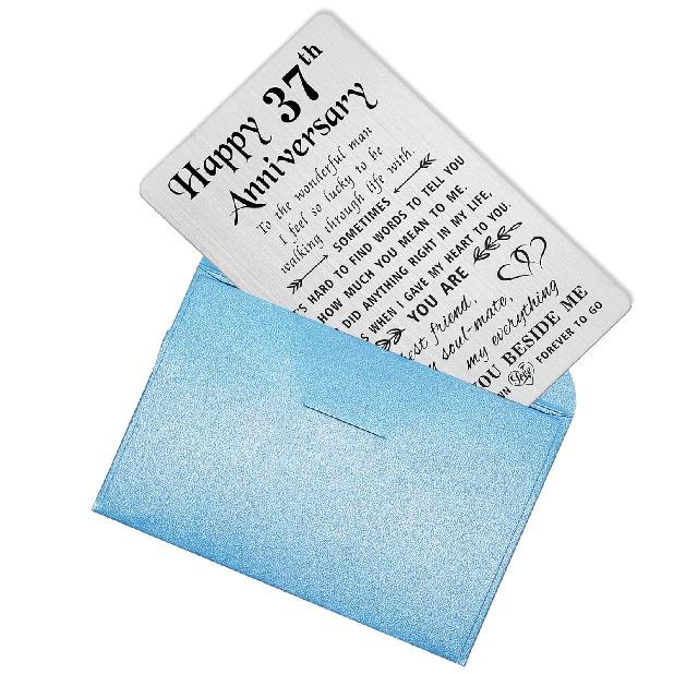 TANWIH 37th Anniversary Card for Husband - 37 Years Down Forever to Go - 37 Year Wedding Anniversary Card Gifts for Him Men, Engraved Metal Wallet