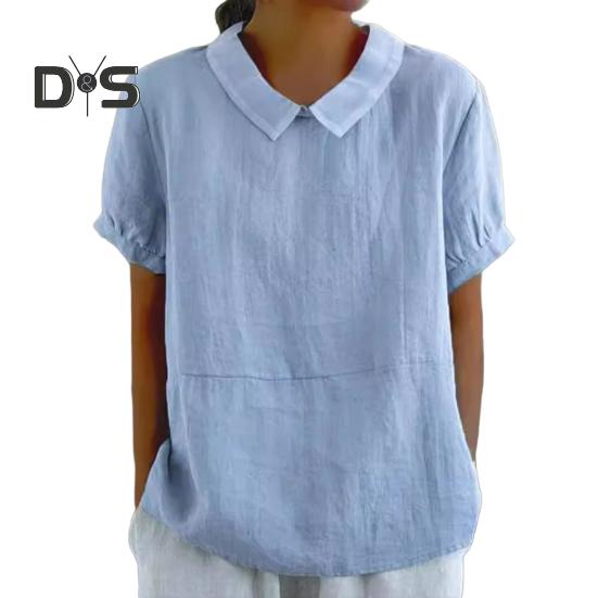 

Женская повседневная рубашка с отложным воротником, короткий рукав, однотонная свободная футболка, летняя футболка, повседневная одежда M светло-синий