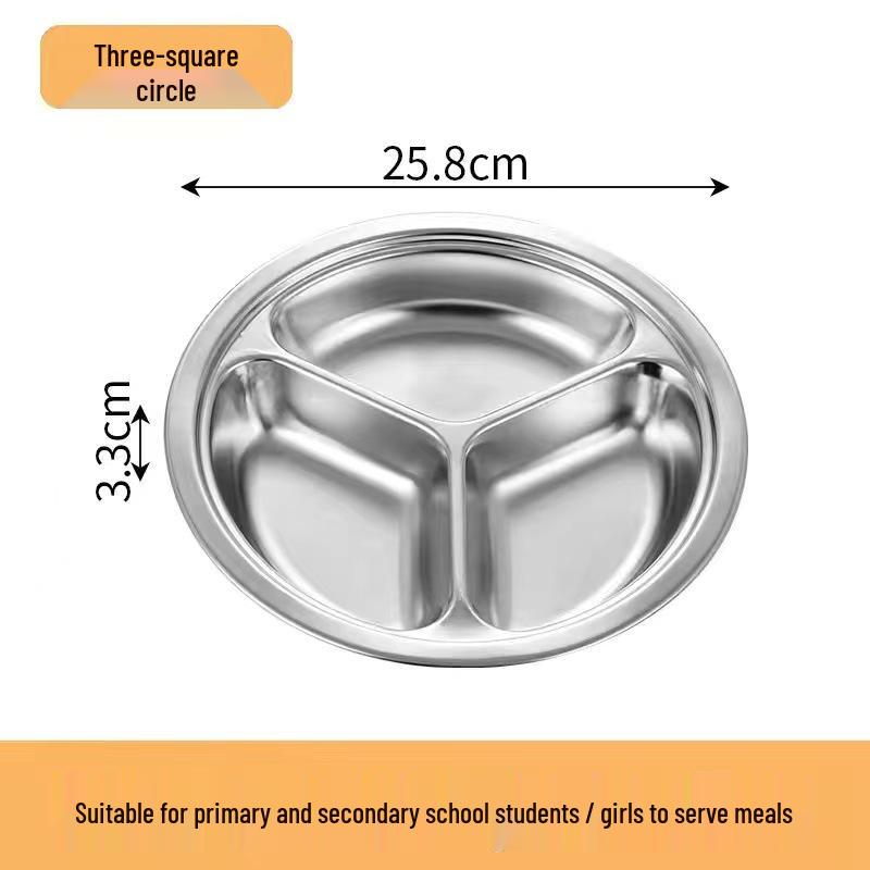 304 Stainless Steel Three-Compartment Lunch Tray for Kids - Round Meal Plate for Kindergarten, Students, and Babies