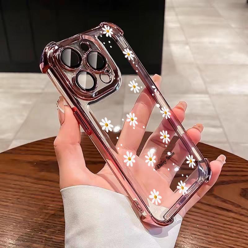 Cute Smile Daisy Flower Print Clear Case for Samsung Galaxy S25 FE S26 Edge S24 S22 S23 S21 Plus Note 20 Ultra Plating TPU Cover