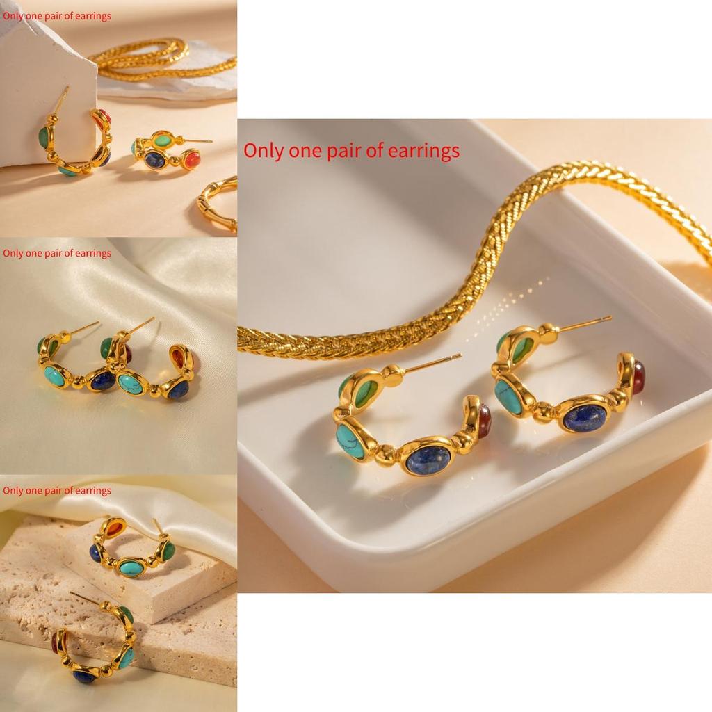 Fashionable And Versatile Stainless Steel Earrings With 18k Gold Plating Geometric Shape Embedded Natural Stone