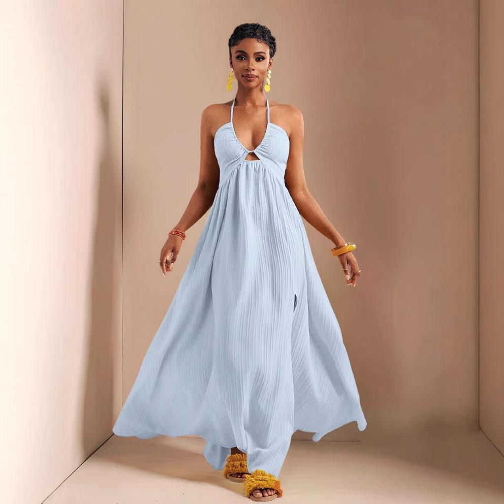 European and American Summer New Sexy V-neck Dress, Loose Holiday Style Split-ended Big Swing Dress for Women