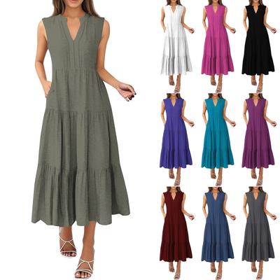 Vestidos casuais plissados de cor sólida e decote em V sem mangas para mulheres